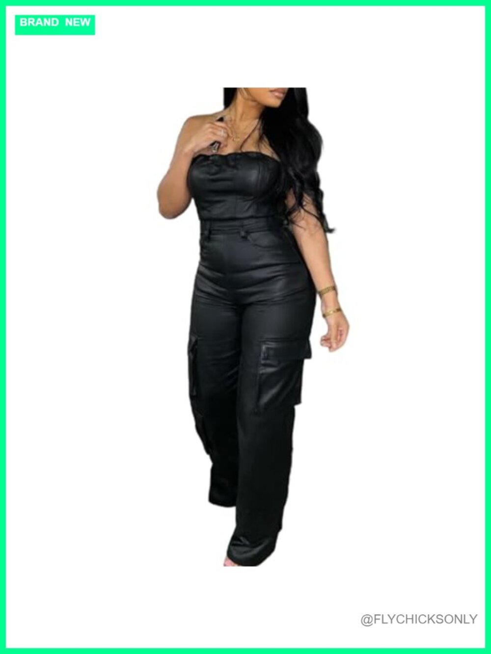 Women's Off Shoulder PU Leather Jumpsuit Sexy High Waist Cargo Pants Bodysuit